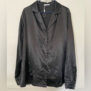 Black Silk-Look Button Shirt